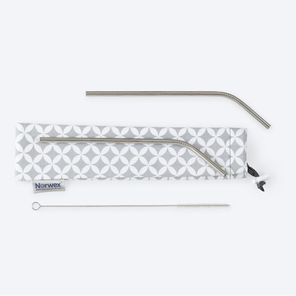 Norwex 2 Stainless Steel Straws Cleaning Brush and Bag NWT